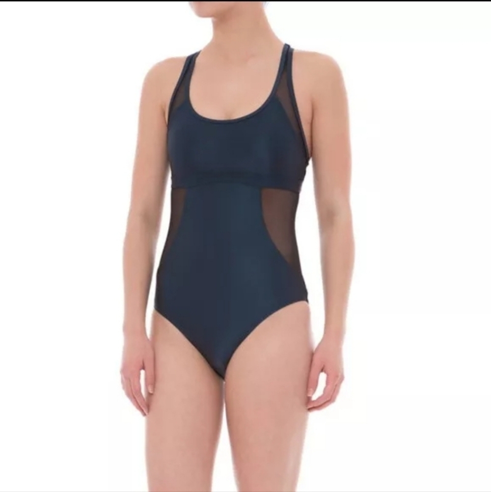 NWOT Moontide Metallic Gray Mesh One Piece Racer Back Swimsuit Padded Size  10 - Picture 2 of 8